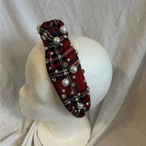 Plaid Red Headband with Faux Pearls & Rhinestones – Preppy & Chic